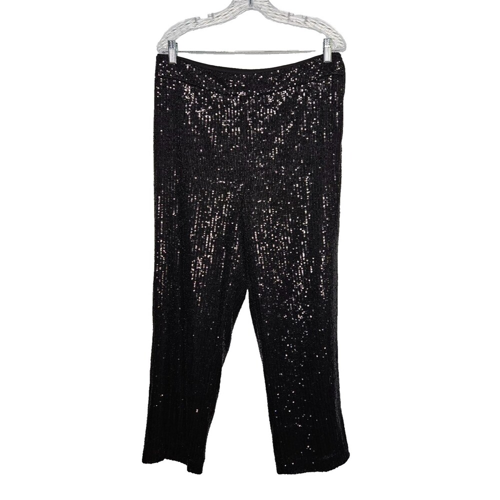 ANN TAYLOR LOFT Black Sequin Pants Women's 12 Straight Leg Side Zip Cropped Glam